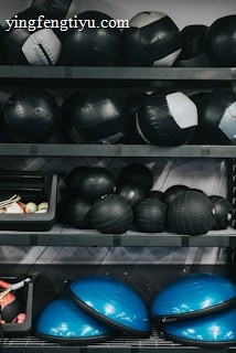 Several shelves filled with various gym equipment, including black medicine balls, blue half-balance balls, and other exercise tools. The equipment is neatly organized, with larger items placed on the lower shelves and smaller weights at the top.