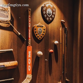 A variety of sports memorabilia displayed on a wooden wall, including a hockey stick, cricket bat, golf clubs, plaques, and balls. The lighting casts warm tones and highlights the vintage and rustic feel of the items.